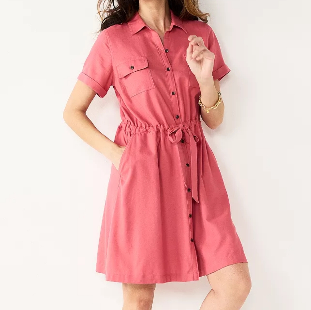 Croft & Barrow Small Utility Shirt Dress - Watermelon Pink Red Cotton Twill